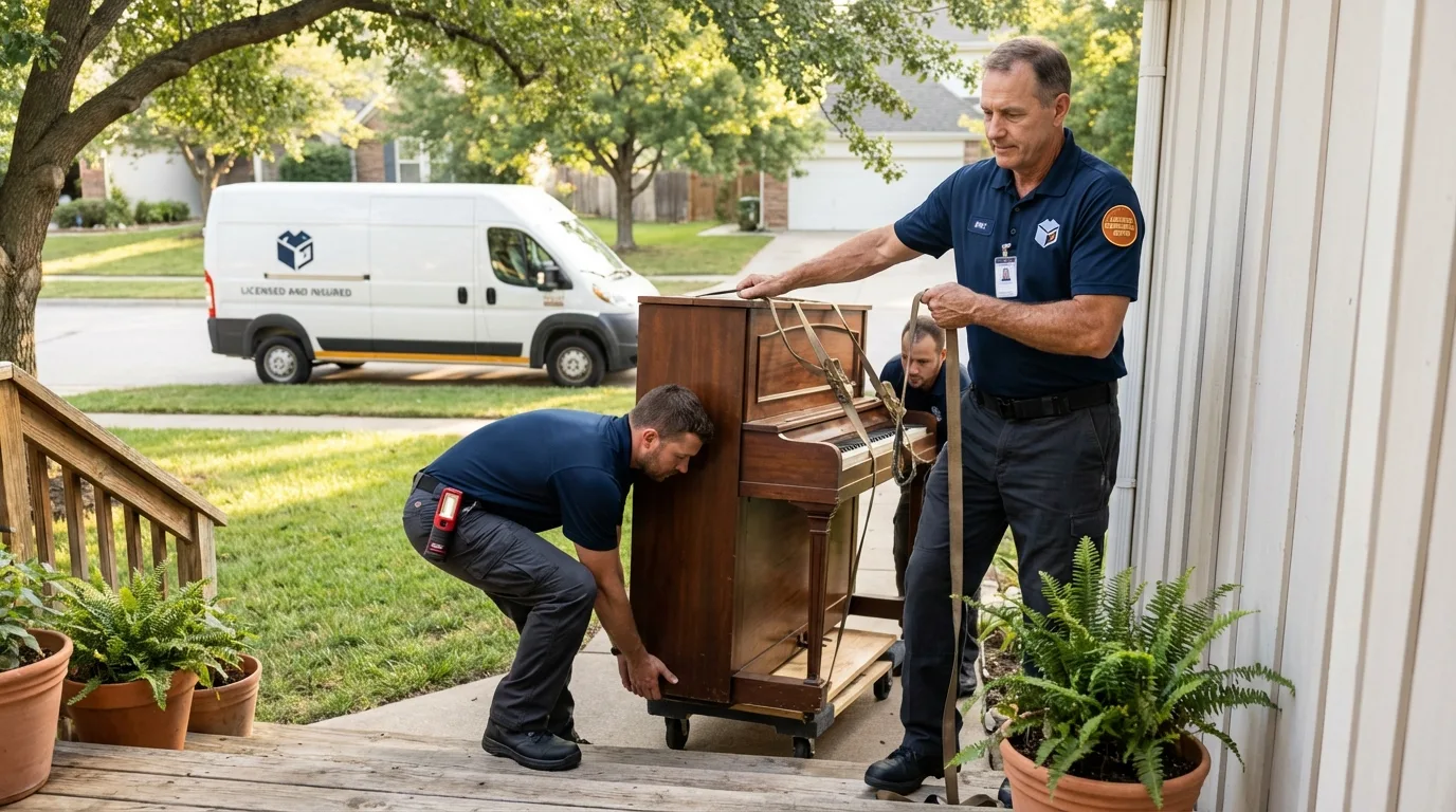 Licensed piano movers securing grand piano in Montoursville, PA