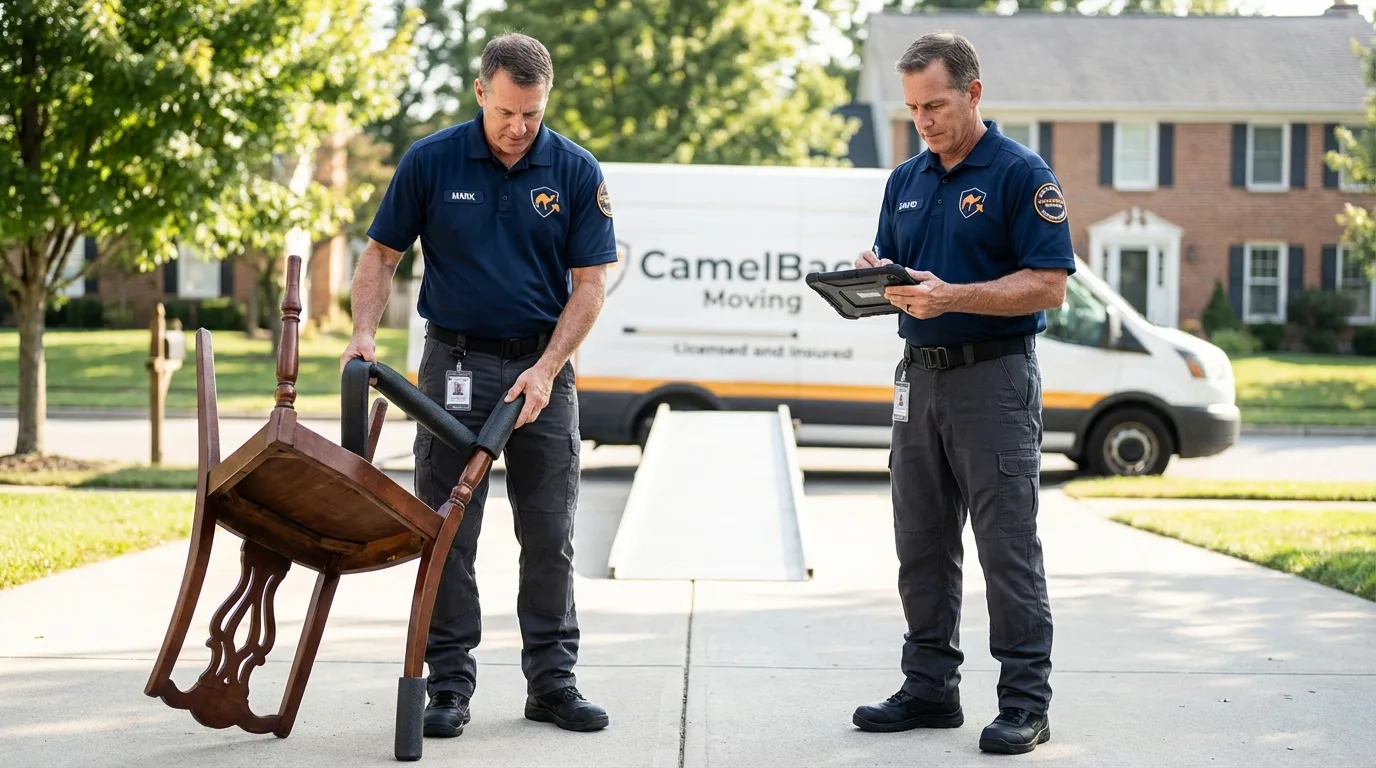 Movers inspecting furniture for damage prevention before loading in Montoursville, PA
