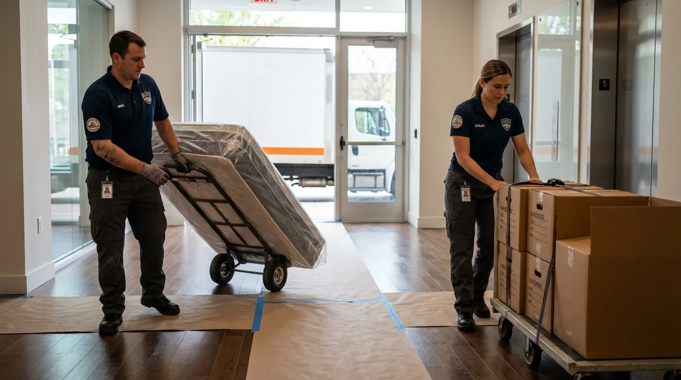 Professional apartment movers loading elevator in Montoursville, PA